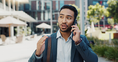 Poster - Phone call, happy and businessman walking in town to work with communication for legal deal. Smile, talking and professional male attorney on mobile conversation for law case commuting in urban city.