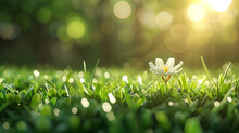 Blurred Nature Background With Green Grass, Flower And Sunlight.