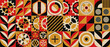 © AliArt - Abstract techno jagged background with geometric colorful cogwheels. Industrial mosaic pattern. Engineering mechanisms as a flower arrangement. A small set. Surrealism in red and yellow tones