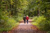 Fototapeta Psy - Couple takes a walk through the autumn forest
