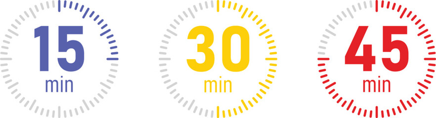 the 15, 30 and 45 minutes, stopwatch vector icon. stopwatch icon in blue, yellow and red flat style,