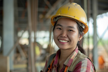 A woman Construction worker with hardhat ,Portrait Of Woman Architect On Construction Site