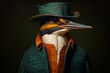 An individual with the head of a kingfisher, in a fishing outfit, depicting a keen and focused nature