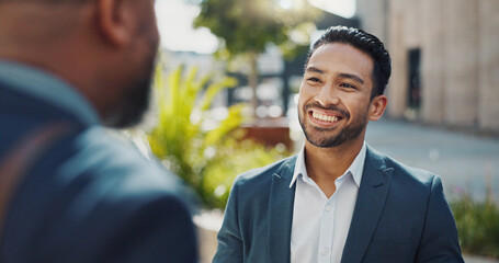 Canvas Print - Business people, laughing and talking outdoor in city with morning commute, partnership and travel. Employees, workers and chat with conversation, collaboration and happy for networking in urban town