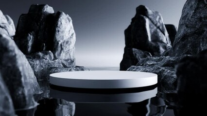 Wall Mural - abstract minimalist white empty product display podium over the calm dark water surrounded by black 