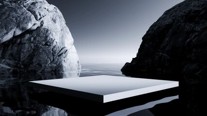 Wall Mural - abstract minimalist white empty product display podium over the calm dark water surrounded by white 