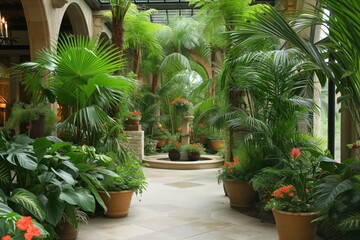 Naklejka na meble Lush Indoor Garden With Variety Of Stylishly Potted Plants And Greenery