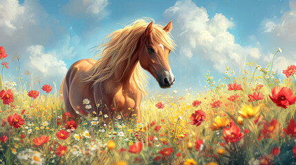 Wall Mural - banner of horse on the red flower and beautiful sky background, spring time