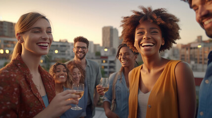 Wall Mural - A Group of Young People Enjoy a Relaxing Rooftop Party at Sunset