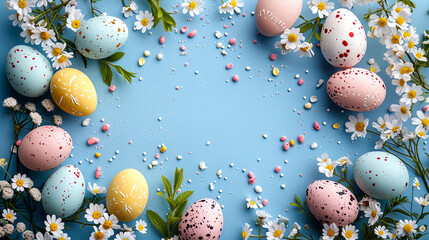 Wall Mural - frame from the easter eggs on the pastel blue background