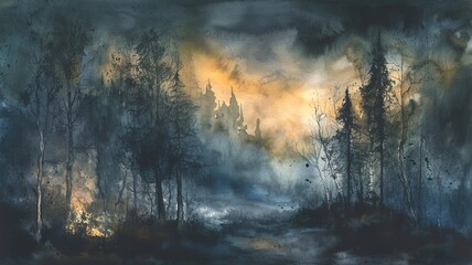 Wall Mural - watercolor landscape in a mystical atmosphere, image created by artificial intelligence