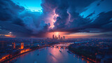 Fototapeta Londyn - Dark storm clouds with lightning over Thames river in London.