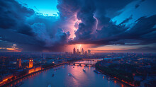 Dark Storm Clouds With Lightning Over Thames River In London.