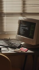 Vertical no people lowkey shot of desk in front of window with shut window blinds and old computer monitor with program code running on its display in 90s style room with dimmed lightVertical no peopl