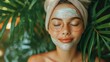 Spa Day Serenity: Woman with a serene expression enjoying a facial mask treatment surrounded by lush greenery