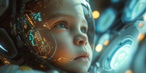Wall Mural - futuristic child with advanced technology interface. young thinker amidst digital graphics. imaginat