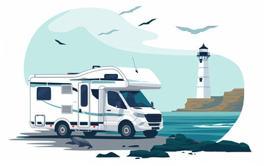 Holiday in motorhome, illustration of camping lifestyle