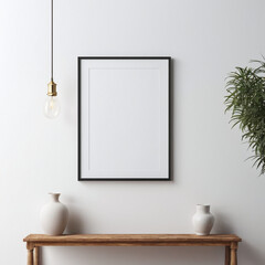 Wall Mural - White blank art frame hanging on wall mockup template background