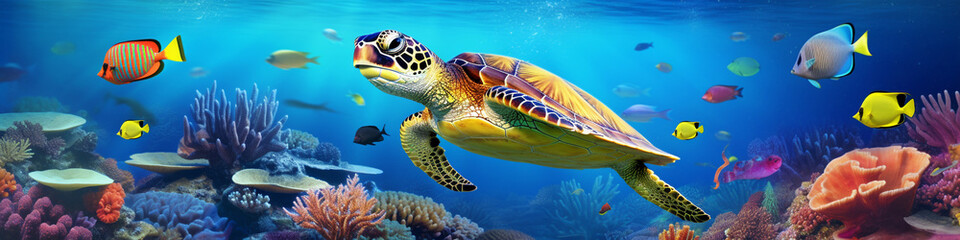 Wall Mural - Turtle with group of fishes and sea animals, underwater ocean background