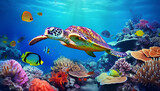 Fototapeta Do akwarium - Turtle with group of fishes and sea animals, underwater ocean background