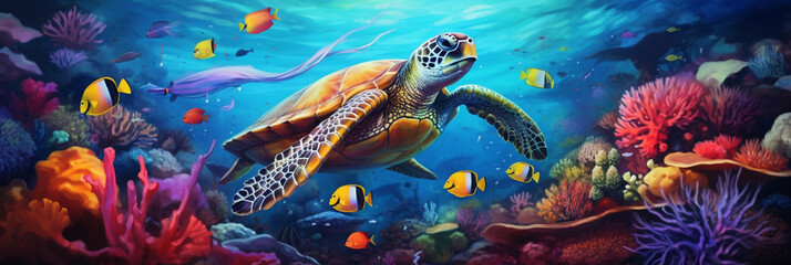 Wall Mural - Turtle with group of fishes and sea animals, underwater ocean background