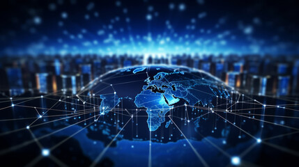 Wall Mural - Global network concept with connections between major cities on blue digital map