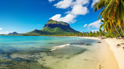 Wall Mural - Tropical paradise beach with palm trees and clear blue water under a sunny sky