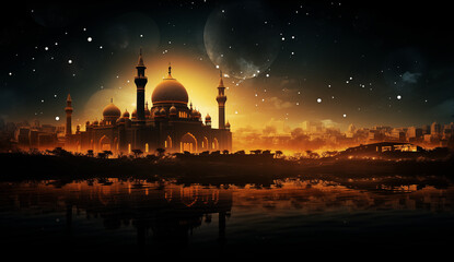 Wall Mural - night view of arabic city with mosque and moon in the sky, ramadan banner