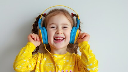 Concept  of World Down Syndrome Day. Child with music headset. Autism, disability, solidarity, awareness