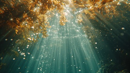 Wall Mural - Seaweed and Sunlight in transparent clear underwater background 