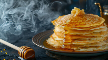 Sticker - banner Shrovetide pancakes with honey closeup on dark background with space for text