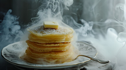 Sticker - banner Shrovetide pancakes with butter closeup on a dark background with space for text