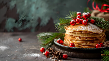 Wall Mural - Shrovetide banner, pancakes with berries closeup with free space on dark background with space for text