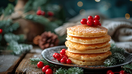 Canvas Print - Shrovetide banner, pancakes with berries closeup with free space on dark background with space for text