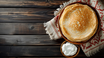 Poster - banner Shrovetide pancakes with sour cream closeup on wooden background with space for text