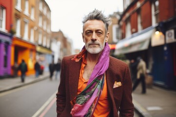 Wall Mural - Handsome middle-aged man with long gray hair and beard wearing orange jacket and colorful scarf walking on a street in London, UK