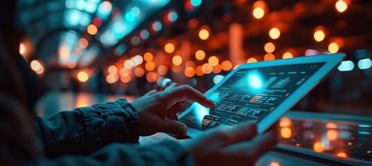 Poster - Close-up of a person's hands using a digital tablet with interactive city map against a backdrop of vibrant city lights at night.