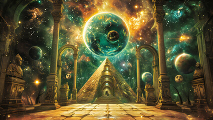 Wall Mural - A pyramid of wisdom, surrounded by planets. Eternal temple of wisdom, esoteric, hermetic and cabal fantasy concept.