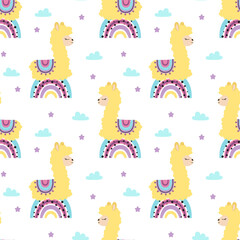 Canvas Print - seamless pattern with llama, clouds, rainbow and starts, creative childish texture, great for fabric, textile, flat vector illustration