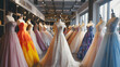 Photo of a variety of bridal gowns on mannequins in a wedding dress boutique