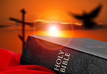 Wall Mural - Bright sunlight, holy bible book and cross silhouette