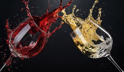 two glasses of red and white wine with splash reflect one another on dark background, wine splash ge