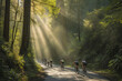© mihrzn - A group of cyclists weaving through a forest path as sunlight filters through the canopy, evoking a magical, ethereal setting with emphasis on light a