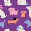 Multicolor cute dogs of different breeds, vector illustration in flat style. Spring pet on a walk with floral pattern
