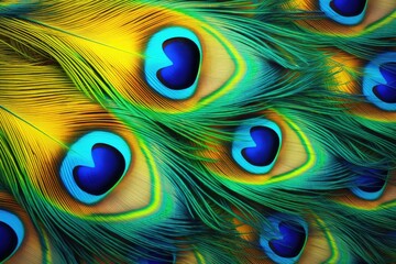 Wall Mural - Beautiful closeup peacock green and blue luminous feathers pattern. Macro texture of colorful fluffy plumage from tropical bird. Minimal natural fashion concept