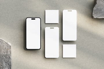 Mobile phone blank screen mockup and various slides floating in 3D rendering for app presentation. Social media interface, ux ui, and web design template concept