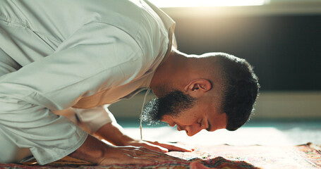 Poster - Islamic prayer man on mat in mosque with mindfulness, love and gratitude in faith commitment. Worship, religion and Muslim person in holy temple for praise, spiritual teaching and meditation peace.