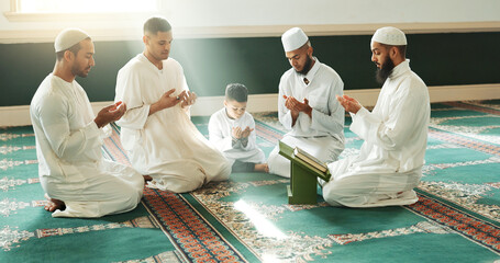 Sticker - Muslim, praying and men with child in Mosque for spiritual religion together as family to worship Allah in Ramadan. Islamic, Arabic and holy people with peace or respect for gratitude, trust and hope