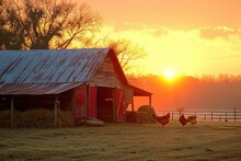 Sunrise Behind Chicken Coop On CSA Farm