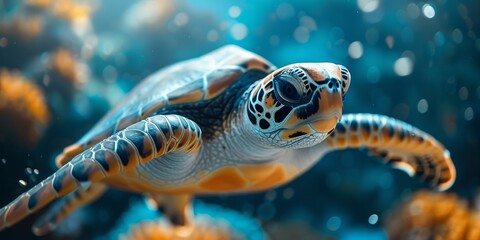 Wall Mural - Underwater close-up photography capturing the beauty of a green sea turtle swimming gracefully among a colorful reef.